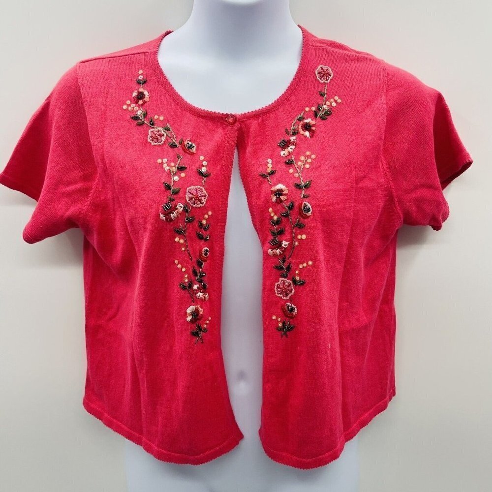 R & M Richards Womens Petite Size 14P Floral Embroidered Beaded Cardigan Sweater